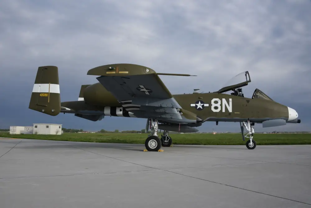 A U.S. Air Force A-10 Thunderbolt II from the Idaho Air National Guard's 124th Fighter Wing is painted with a heritage WWII paint scheme at the Air National Guard paint facility in Sioux City, Iowa.