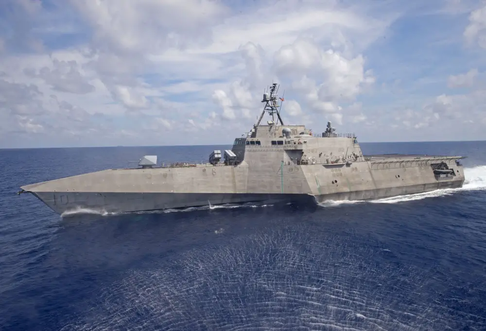 The Independence-variant littoral combat ship USS Gabrielle Giffords (LCS 10) patrols the South China Sea, March 20, 2020.