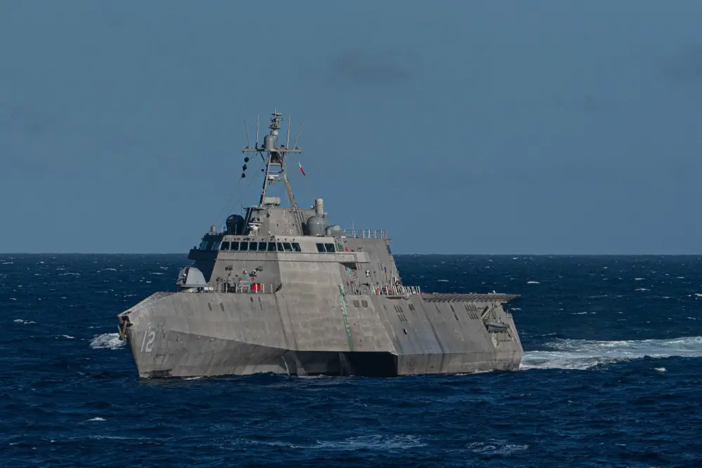 The Independence Class littoral combat ship USS Omaha (LCS 12) transits the Pacific Ocean during a Nimitz Carrier Strike Group (CSG) composite training unit exercise.