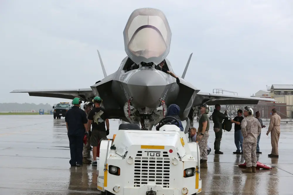 Cherry Point service members prepare an F-35B Lightning II for transportation to Fleet Readiness Center East for scheduled maintenance.