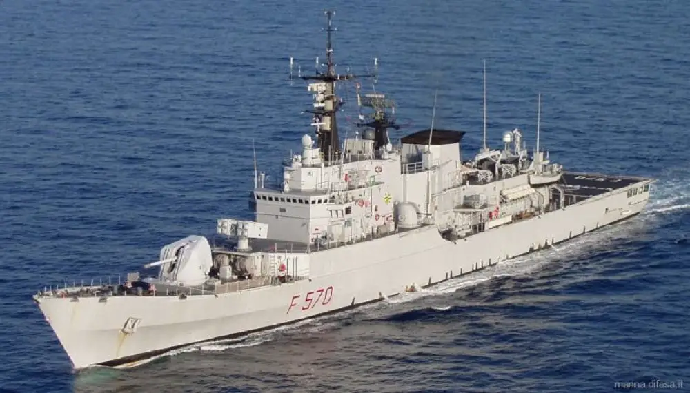 Port bow view of the Italian Navy Maestrale-class frigate Maestrale (F 570), underway at high-speed