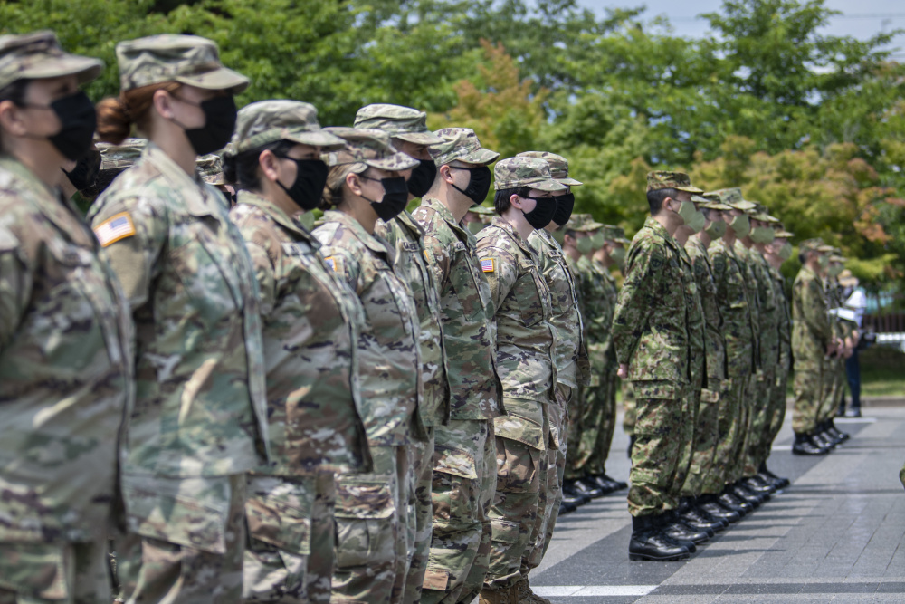 Members of the Japan Ground Self-Defense Force Middle Army, along with U.S. Soldiers from 40th Infantry Division and U.S. Army Japan, participated in the Orient Shield 21-2 opening ceremony at Camp Itami, June 24, 2021. 