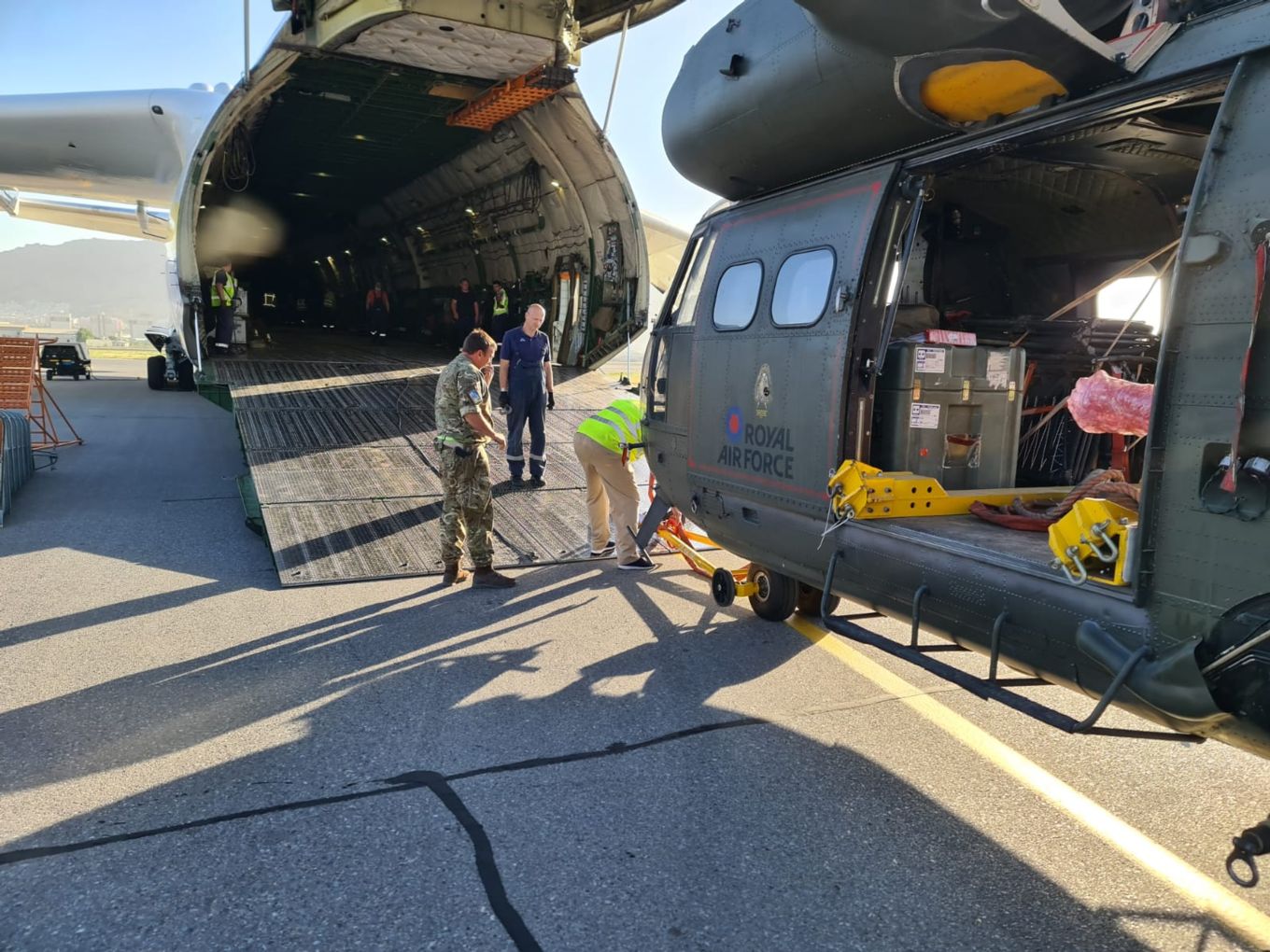  Royal Air Force engineers worked alongside the Movers and AN-225 crew to safely load the helicopters into the back of the Antonov for onward transport to RAF Brize Norton in the UK.  