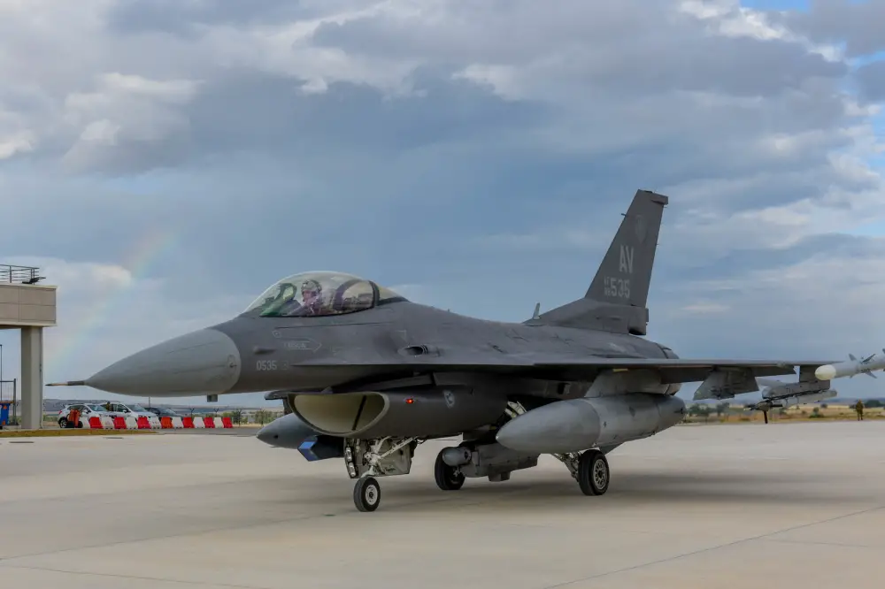 U.S. Air Force F-16 Fighting Falcon assigned to the 555th Fighter Squadron taxis