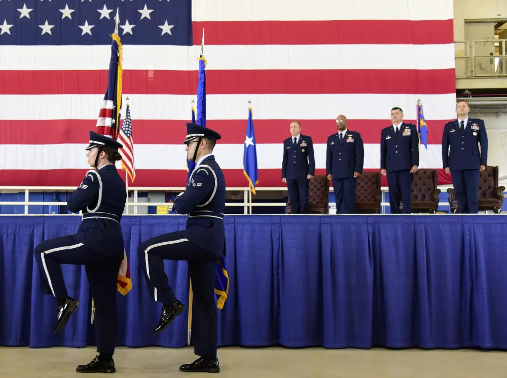 The Eglin Air Force Base Honor Guard presents the colors during the 350th Spectrum Warfare Wing activation ceremony, June 25, 2021.