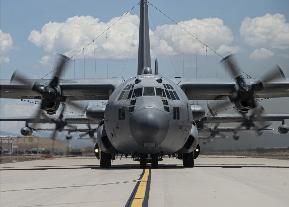 A U.S. Air Force EC-130H Compass Call taxis down the flight line during a show-of-force readiness exercise at Davis-Monthan Air Force Base, Arizona, June 28, 2021. 