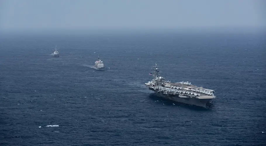 The Ronald Reagan Carrier Strike Group steams in the Indian Ocean. The U.S. Navy's only forward-deployed aircraft carrier, USS Ronald Reagan (CVN 76), the flagship of Carrier Strike Group 5, along with USS Shiloh (CG 67) and USS Halsey (DDG 97) provide a combat-ready force that protects and defends the United States, as well as the collective maritime interests of its allies and partners in the Indo-Pacific region.