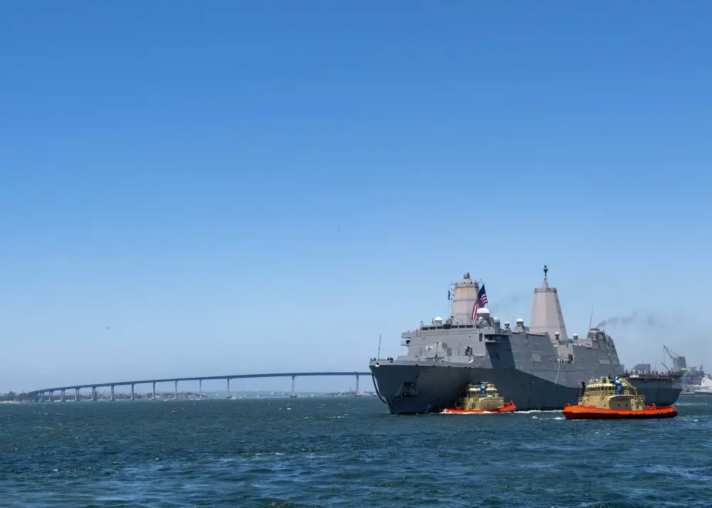 Amphibious transport dock ship USS San Diego (LPD 22) returns to homeport of Naval Base San Diego. 