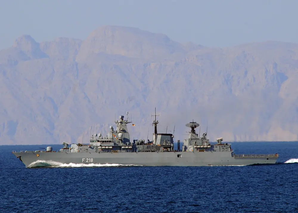The German frigate Mecklenburg-Vorpommern transits the Straits of Hormuz