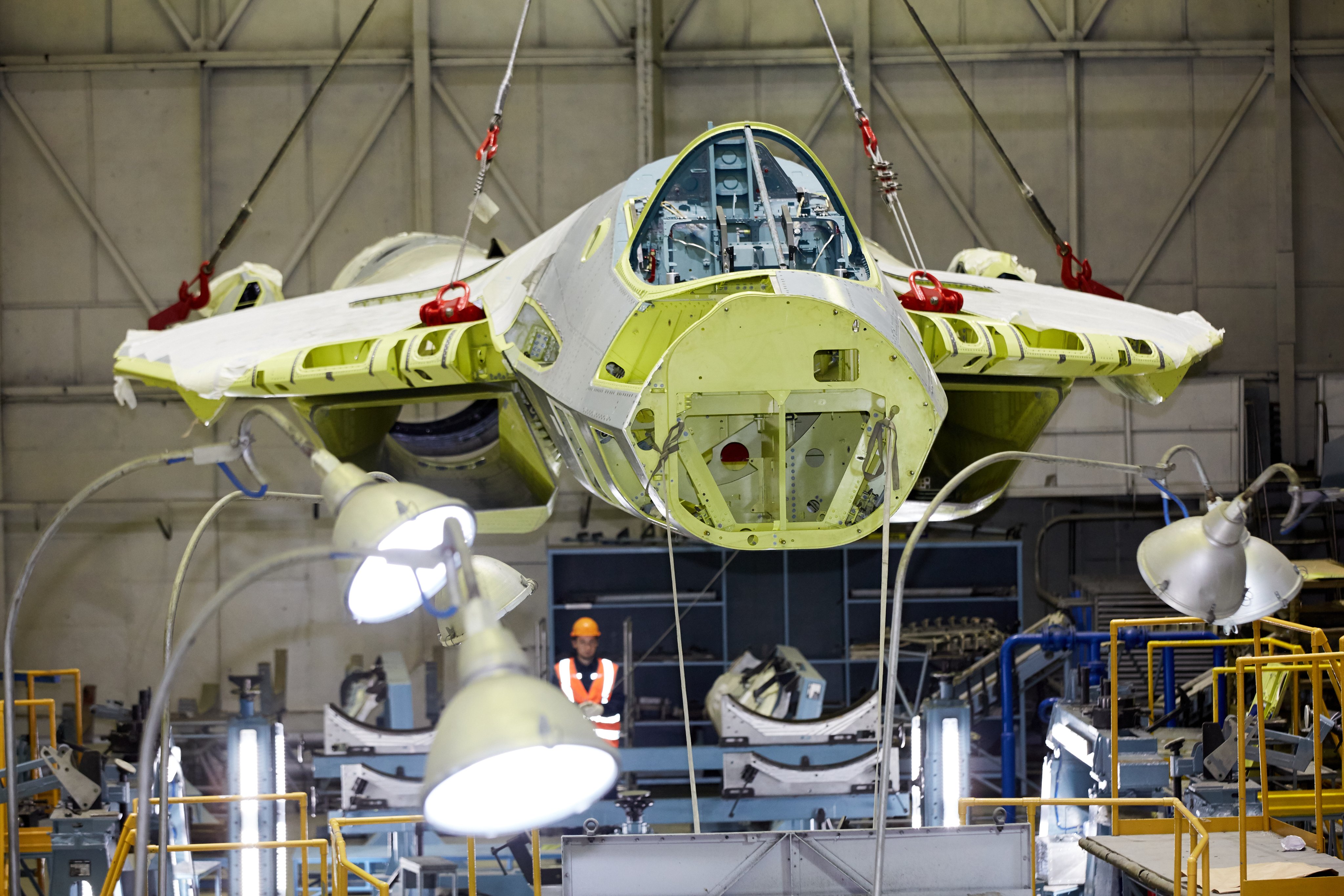 Sukhoi Su-57 at the assembly shop of the Komsomolsk-on-Amur Aircraft Plant