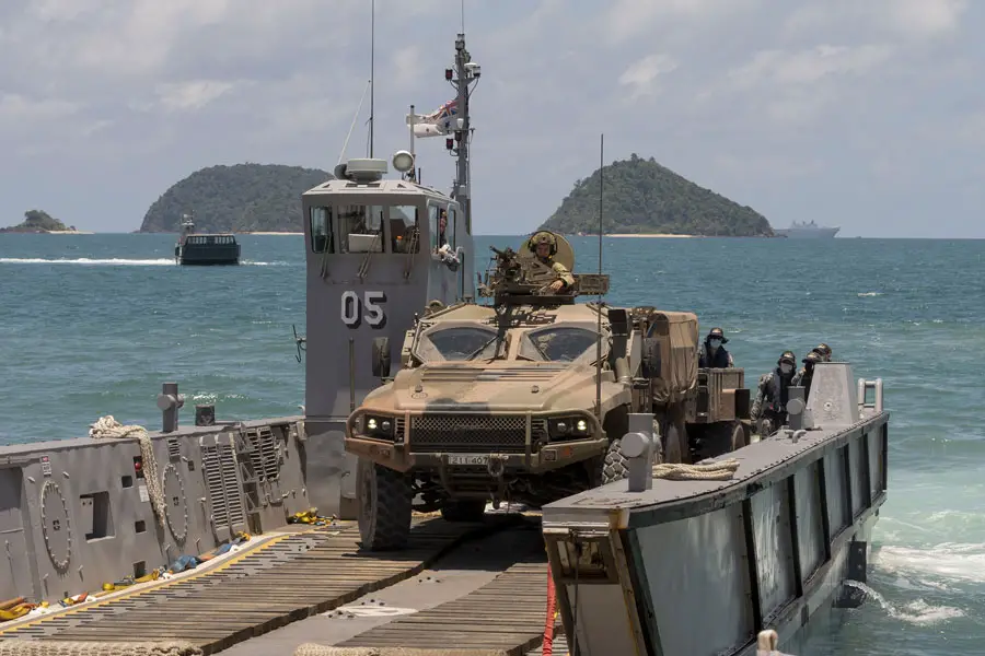 Australian Army Hawkei Protected Mobility Vehicles were also transported from Cowley Beach to HMAS Adelaide during the recent amphibious landing capability demonstrations