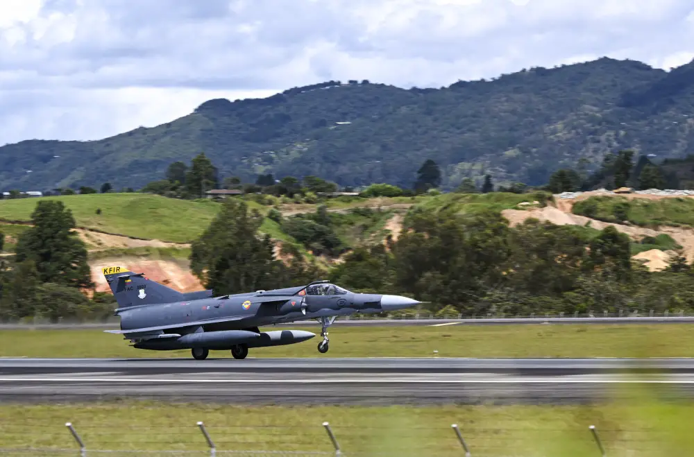 A Colombian Air Force Kfir assigned to Comando Aereo de Combate No.1 (CACOM 1) takes off during Exercise Relampago VI at Comando Aereo de Combate Number 5 (CACOM 5) in Rionegro, Colombia, July 13, 2021. 