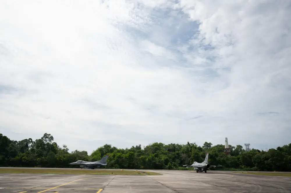 U.S. Air Force F-16 Fighting Falcons taxi to the runway during Cope West 21, at Roesmin Nurjadin Air Force Base in Pekanbaru, Riau, Indonesia, June 18, 2021.