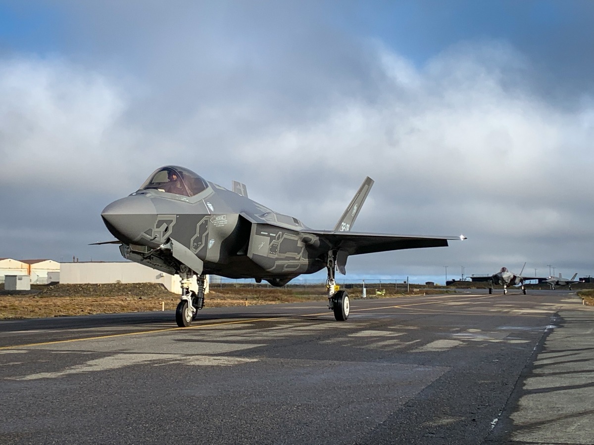 An Italian Air Force F-35 twoship taxiing at Keflavik Air Base after arriving there.