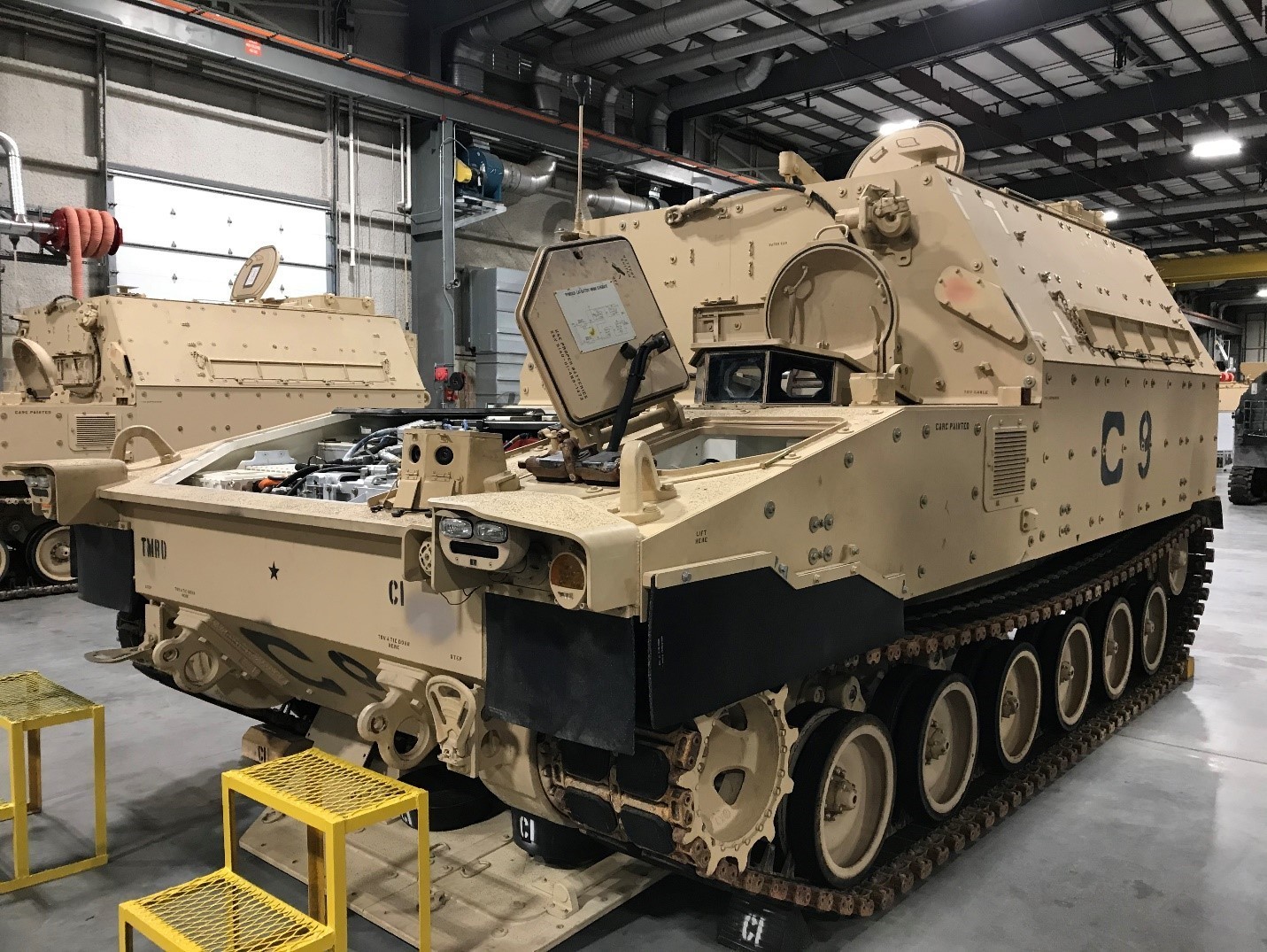 The M992A3 Field Artillery Ammunition Supply Vehicle (FAASV) Carrier Ammunition Tracked (CAT) in the maintenance bay at the U.S. Army Ordnance School, Fort Lee, Virginia. (Photo Credit: Sgt. 1st Class Christopher M. Robbins)