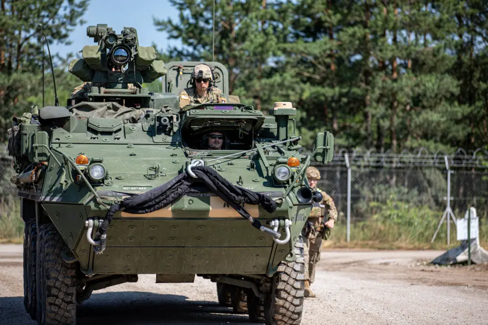 U.S. Army Soldiers with 3rd Battalion, 161st Infantry Regiment, move an Infantry Carrier Vehicle (ICV) "Stryker" into staging position during a deployment readiness exercise in Bemowo Piskie Training Area, Poland, July 1, 2021. 