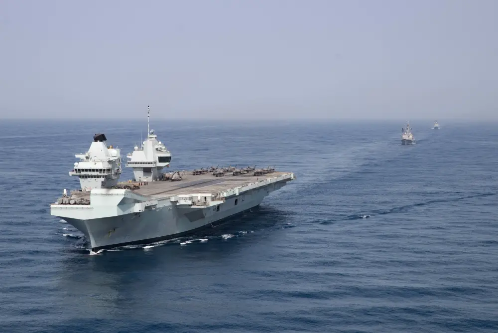 Royal Navy aircraft carrier HMS Queen Elizabeth (R 08), guided-missile destroyer USS Halsey (DDG 97) and guided-missile cruiser USS Shiloh (CG 67) operate in formation in the Gulf of Aden, July 12.