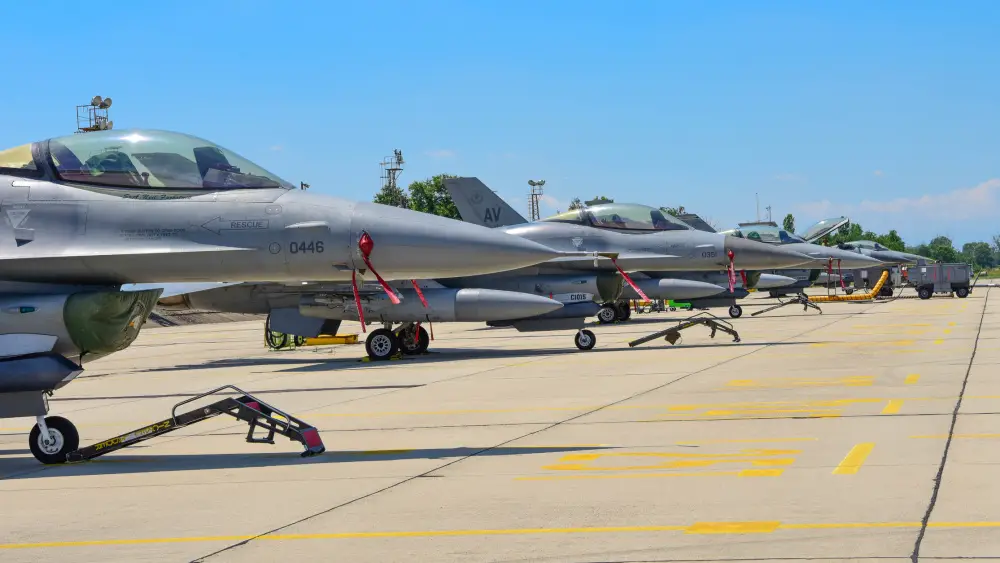 U.S. Air Force F-16 Fighting Falcons assigned to the 555th Fighter Squadron (FS) park on the flightline in preparation for Thracian Star 21 at Graf Ignatievo Air Base, Bulgaria, July 9, 2021.