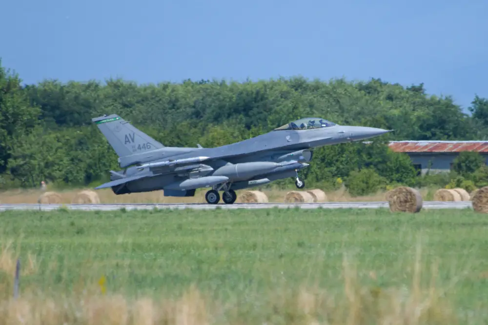 A U.S. Air Force F-16 Fighting Falcon assigned to the 555th Fighter Squadron lands at Graf Ignatievo Air Base, Bulgaria, for exercise Thracian Star 21, July 9, 2021. 