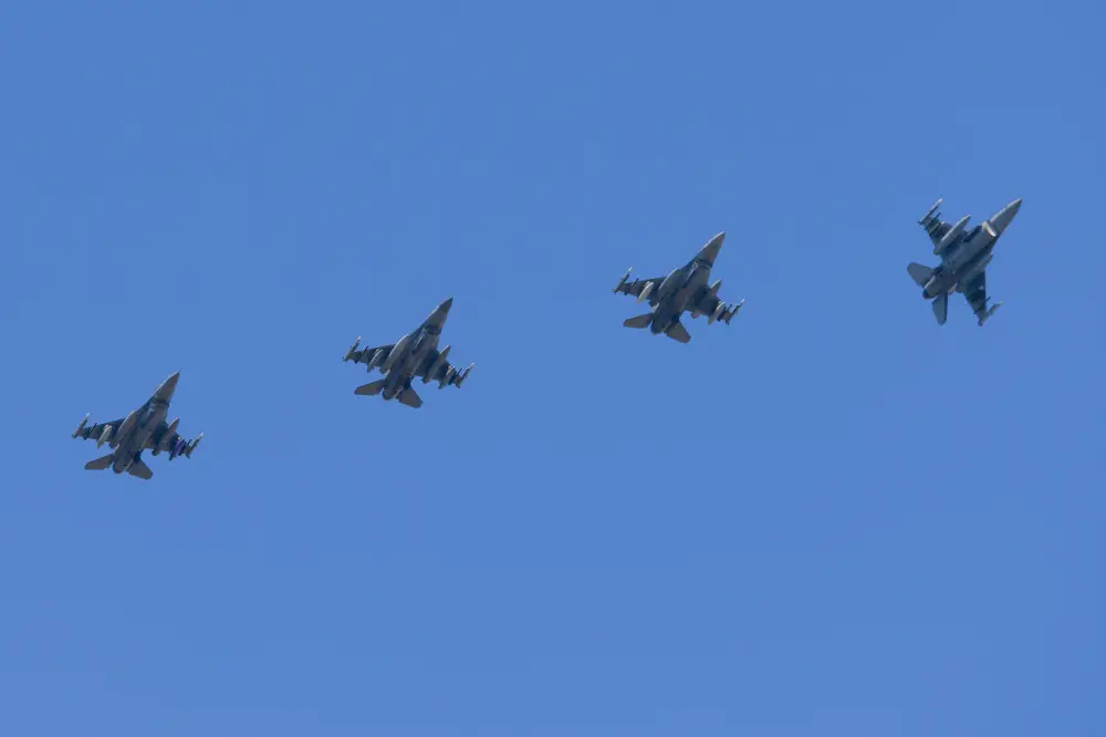 Four U.S. Air Force F-16 Fighting Falcons assigned to the 555th Fighter Squadron prepare to land at Graf Ignatievo Air Base, Bulgaria, for exercise Thracian Star 21, July 9, 2021.