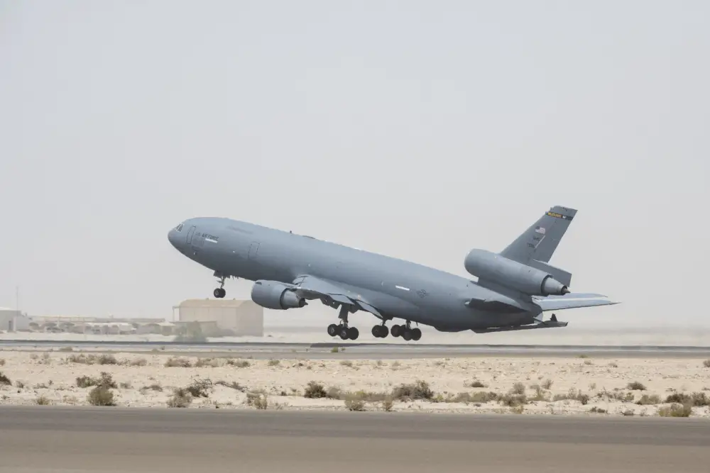A KC-10 Extender from the 908th Expeditionary Air Refueling Squadron takes off July 5, 2021 from Al Dhafra Air Base, United Arab Emirates. 