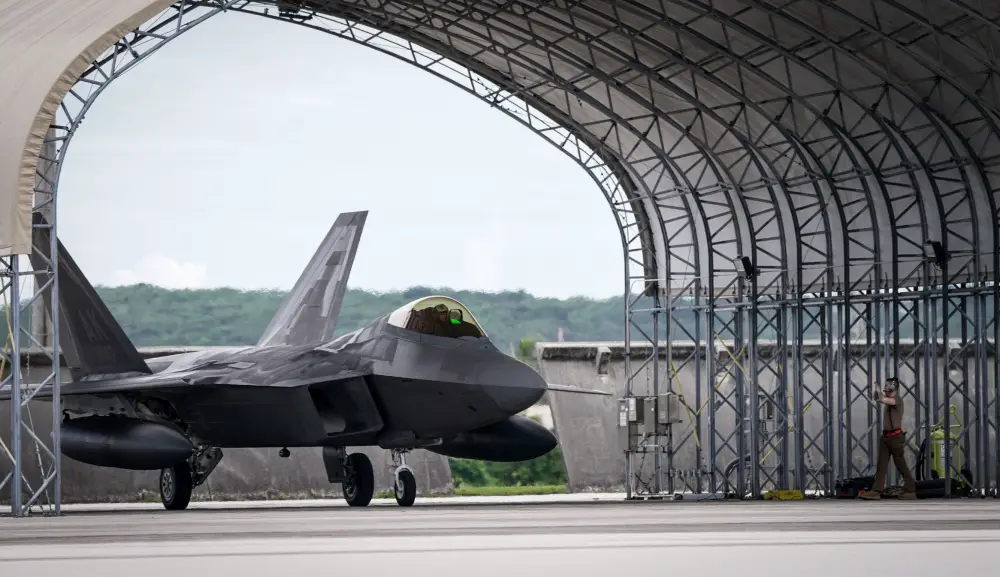 A U.S. Air Force F-22 Raptor assigned to the 525th Fighter Squadron, 3rd Wing, Joint Base Elmendorf-Richardson, Alaska, arrives in support of Pacific Iron 2021 at Andersen Air Force Base, Guam, July 18, 2021.