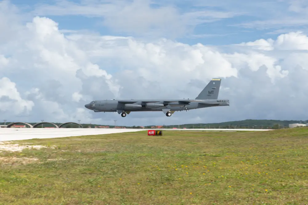 U.S. Air Force B-52H Stratofortress from the 5th Bomb Wing, Minot Air Force Base North Dakota, prepares to land at Andersen Air Force Base, Guam, for a Bomber Task Force deployment, July 15, 2021. 