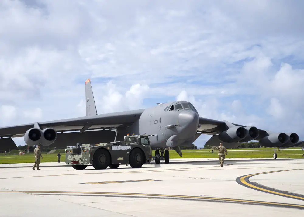 U.S. Air Force B-52H Stratofortress from the 5th Bomb Wing, Minot Air Force Base North Dakota, parks at Andersen Air Force Base, Guam, for a Bomber Task Force deployment, July 15, 2021.