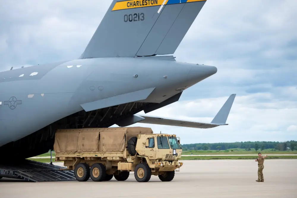 An Air Force C-17 Globemaster III from Joint Base Charleston, S.C., carrying Soldiers with the 3rd Brigade Combat Team, 10th Mountain Division of Fort Polk, La., taxies on the runway July 7, 2021, as part of an Emergency Deployment Readiness Exercise (EDRE) at Volk Field, Wis. 