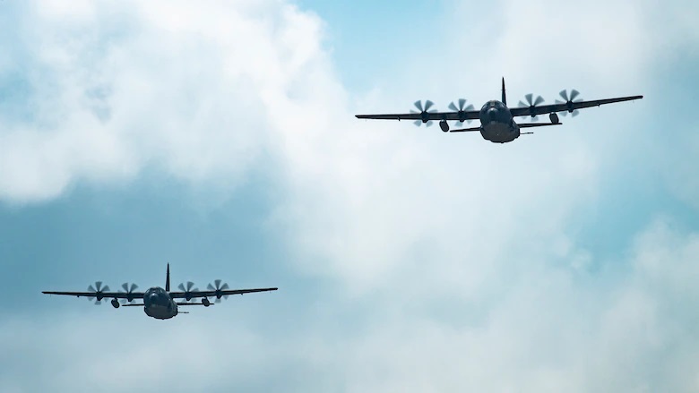 A U.S. Air Force AC-130J Ghostrider gunship, assigned to the 27th Special Operations Group Detachment 2, conducts a flyover July 19, 2021, at Cannon Air Force Base, N.M. 