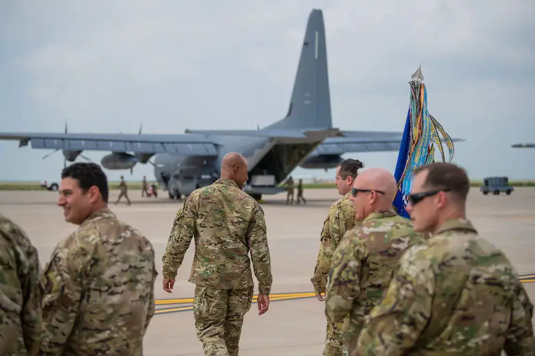 Leaders with the 27th Special Operations Wing approach the flightline to receive a new AC-130J Ghostrider gunship assigned to the 27th Special Operations Group Detachment 2 July 19, 2021, at Cannon Air Force Base, N.M.