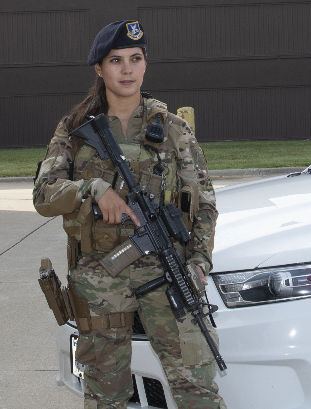 Airman 1st Class Samantha Boyer, 55th Security Forces Squadron, stands guard on June 25, 2021, while wearing the new body armor specifically designed for a better fit for females in the Air Force. The new vests have been available to Offutt female defenders since the end of May 2021. 