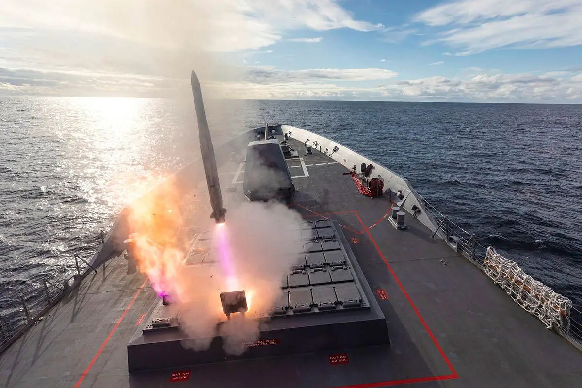 HMAS Brisbane launches its Evolved Sea Sparrow Missile during Exercise Pacific Vanguard.