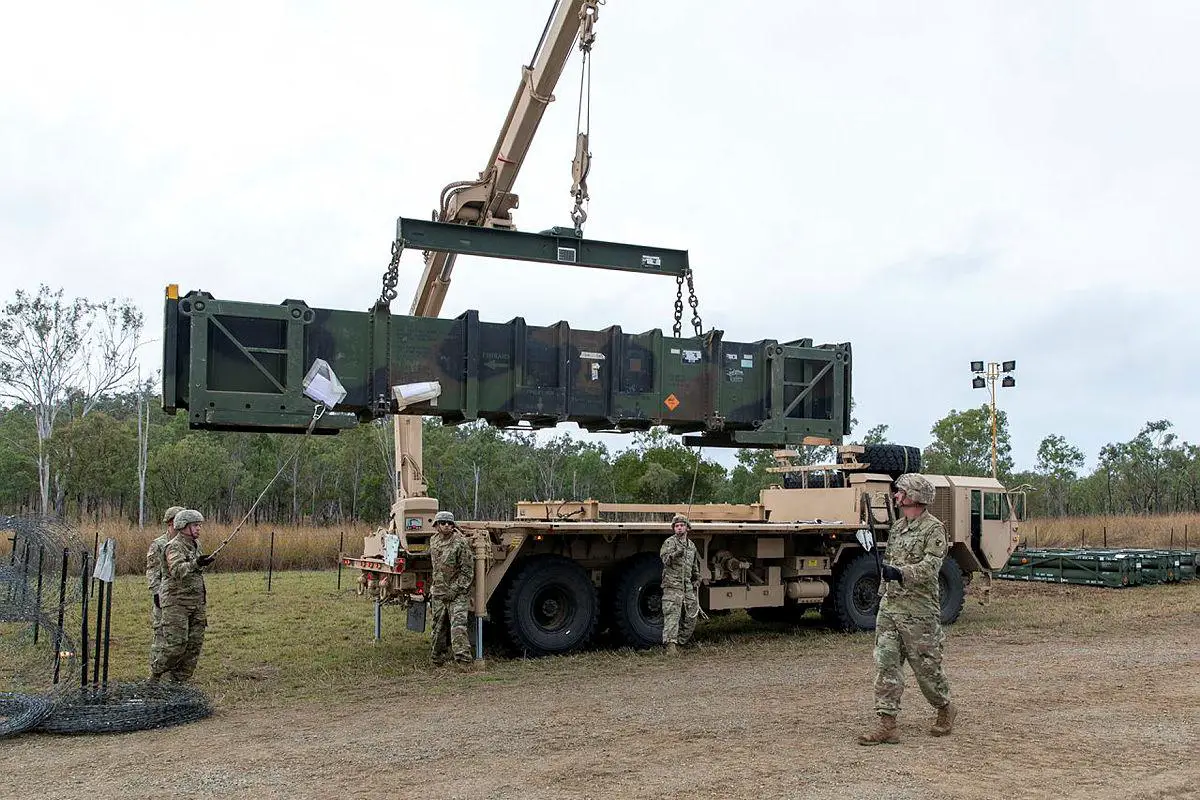 U.S. Army personnel load a Patriot missile on to a guided missile transporter vehicle in the lead-up to a live-fire event to be held at Shoalwater Bay in Queensland during Exercise Talisman Sabre.