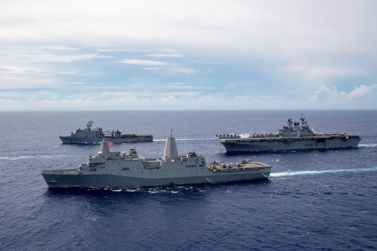 The America Amphibious Ready Group (ARG) sail in formation. Clockwise from right: USS America (LHA 6), USS New Orleans (LPD 18), USS Germantown (LSD 42).