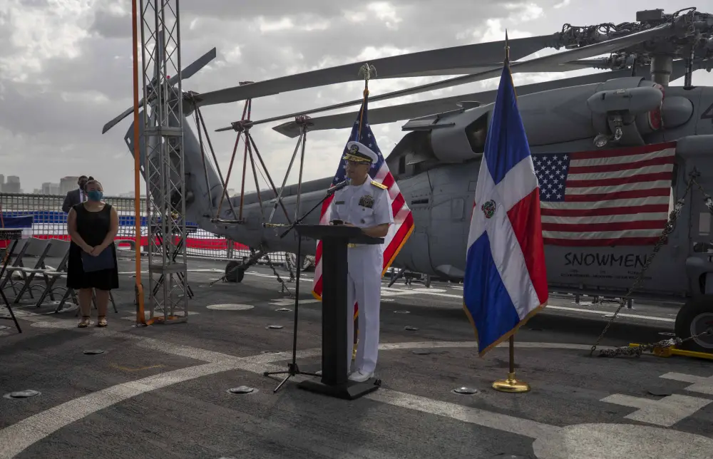 Rear Adm. Don Gabrielson, commander of U.S. Naval Forces Southern Command/U.S. 4th Fleet, gives remarks during a reception on the flight deck aboard the Freedom-variant littoral combat ship USS Billings (LCS 15), July 9, 2021. 