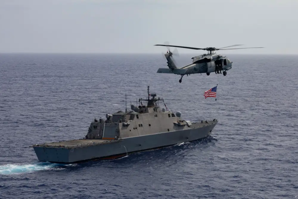  The Freedom-variant littoral combat ship USS Wichita (LCS 13) and its embarked aviation detachment participates in a maritime training exercise
