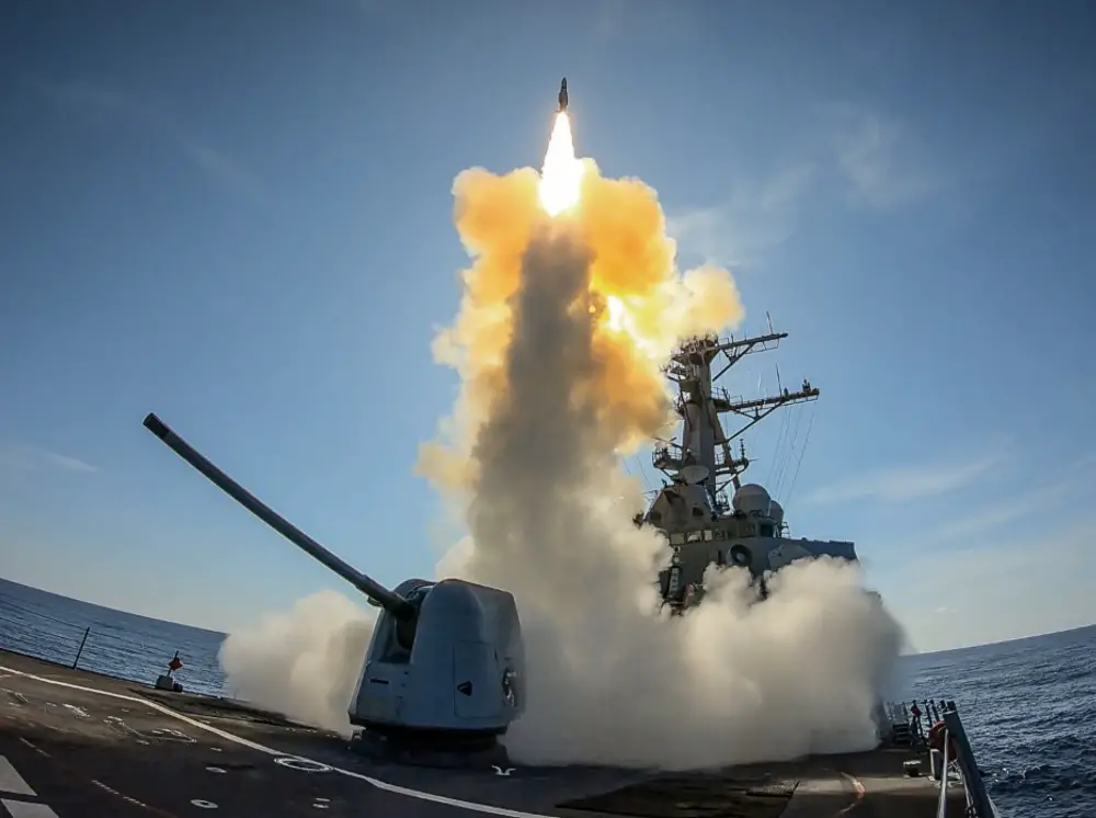 U.S. Navy Arleigh Burke-class guided missile destroyer USS Stout (DDG-55) launches Standard Missile 2(SM 2)