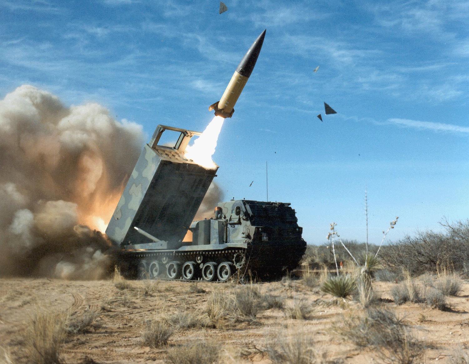 An Army Tactical Missile System (ATACMS) being launched by a M270