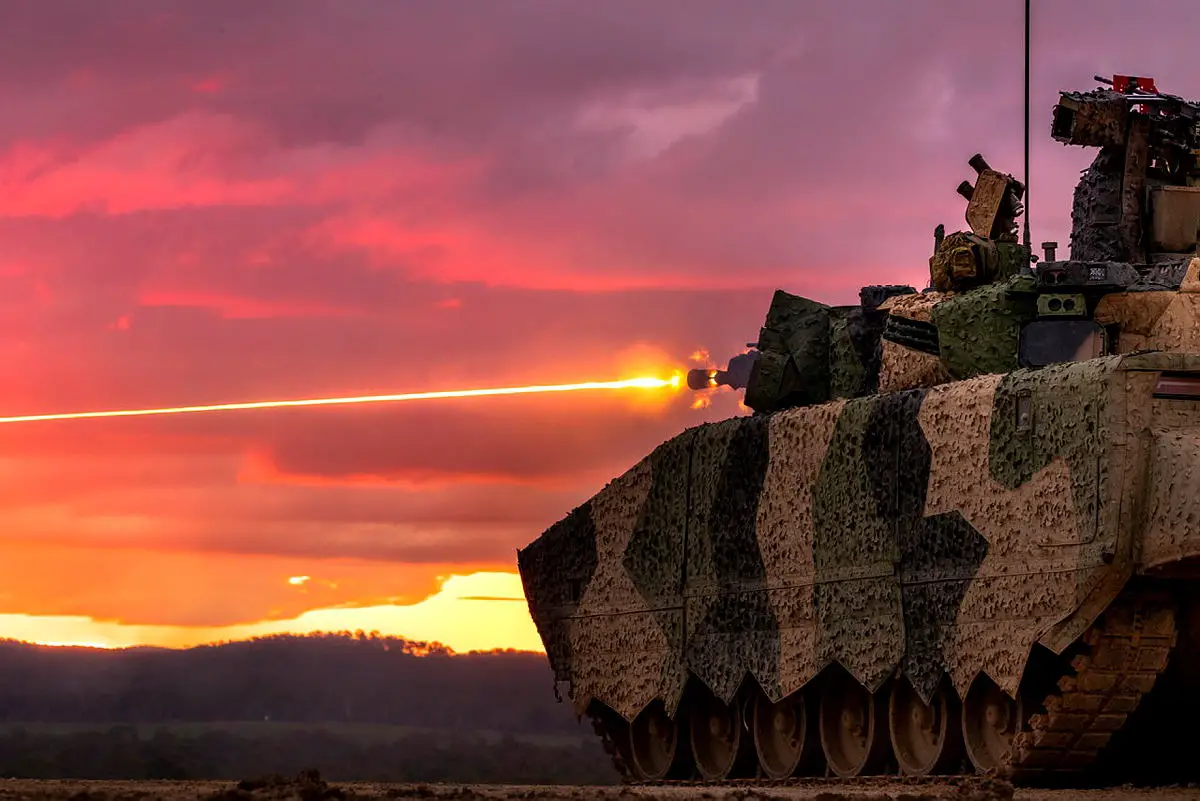 A Rheinmetall LYNX KF41 Infantry Fighting Vehicle conducts a live fire demonstration during LAND 400 Phase 3 user evaluation trials at Puckapunyal Military Area, Victoria.