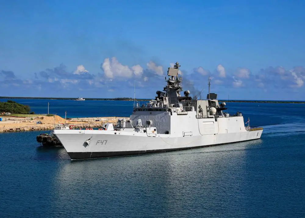 The Indian navy frigate INS Shivalik (F47) sails into Apra Harbor, Guam, August 21, as part of Malabar 2021. 