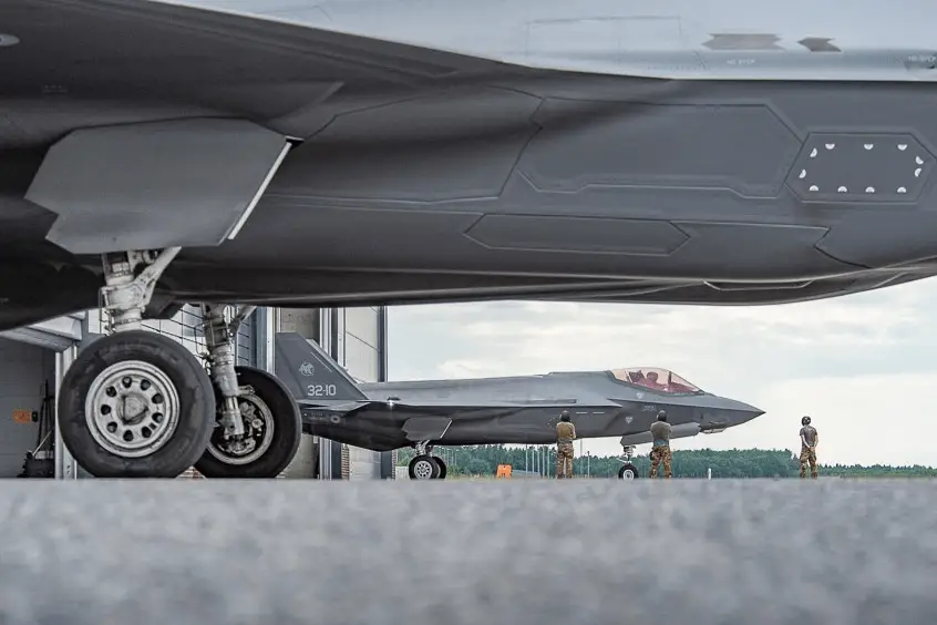 Two Italian Air Force F-35 outside their shelter at Ämari Air Base; for the first time fifth generation fighter aircraft patrolled the skies above the Baltic Allies Estonia, Latvia and Lithuania for NATO. 