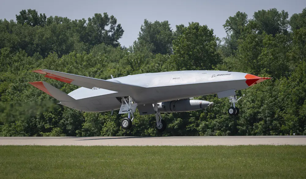 An unmanned Boeing MQ-25 T1 Stingray test aircraft takes off from MidAmerica Airport in Mascoutah, Illinois 