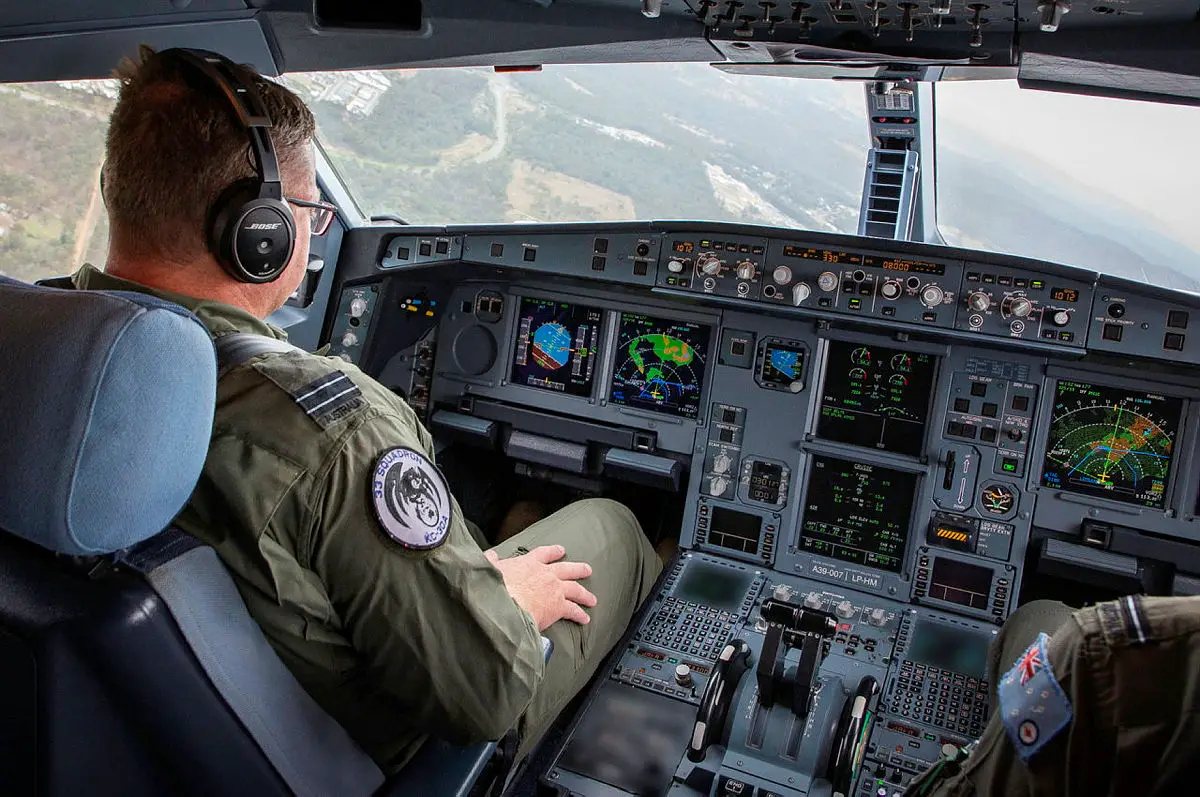 A No. 33 Squadron KC-30A multi-role tanker transport aircraft pilot in the cockpit prior to an air-to-air refuelling sortie in Queensland during Exercise Talisman Sabre 2021.
