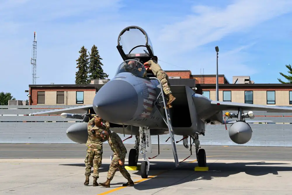 Crew chiefs with the 104th Fighter Wing's Aircraft Maintenance Squadron recieve and process F-15 Eagles during a mobility exercise August 15, 2021, at Barnes Air National Guard Base, Massachusetts. 