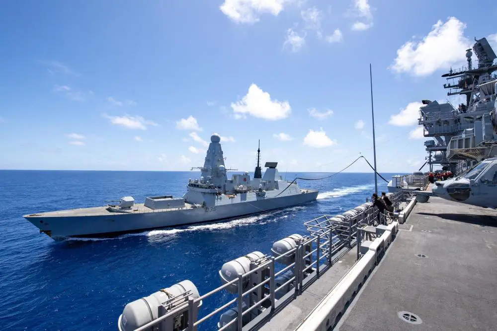 The Royal Navy Destroyer HMS Defender (D36) receives fuel from the forward-deployed amphibious assault ship USS America (LHA 6) during a fueling-at-sea. 