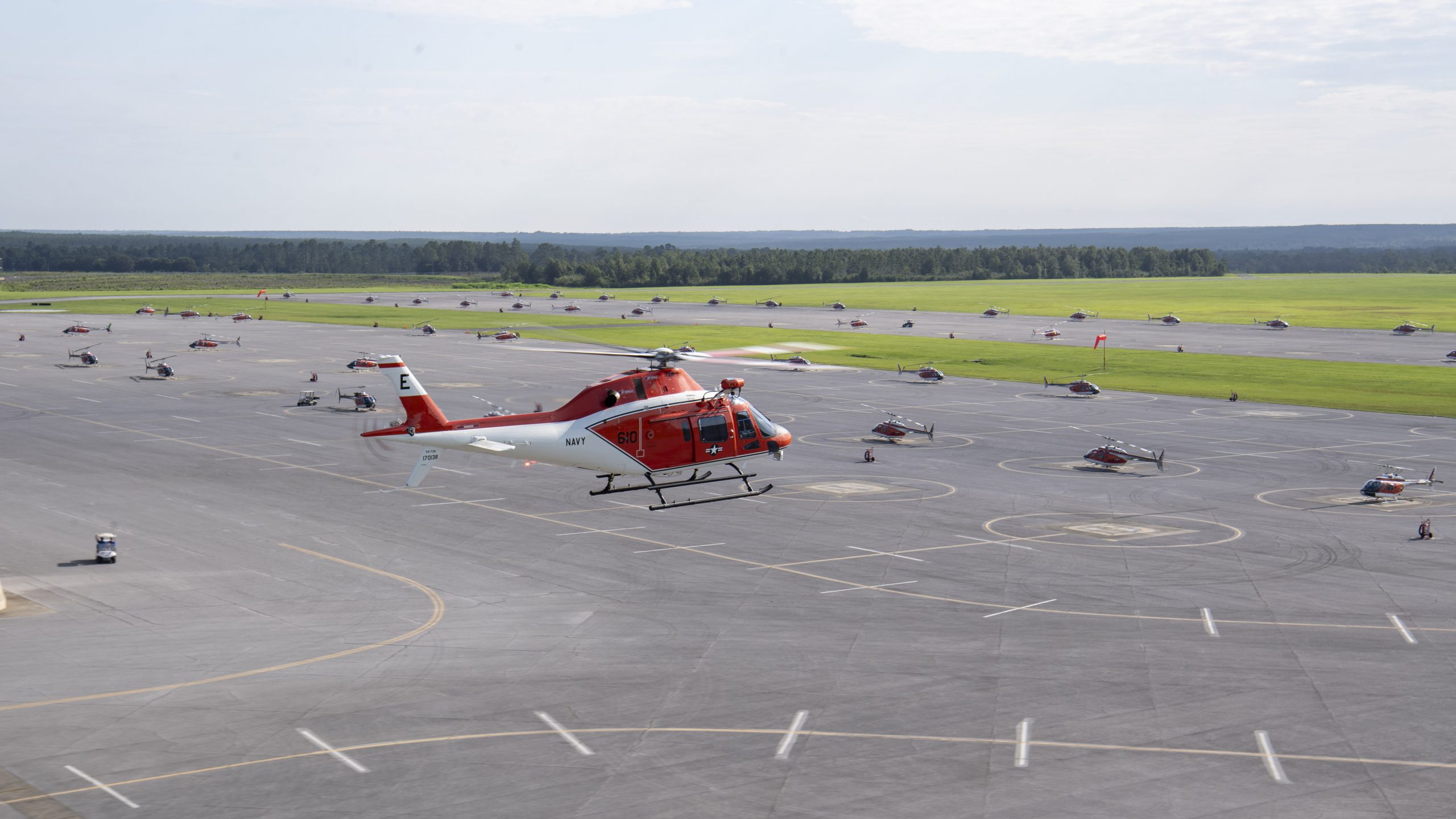 The Navy’s first TH-73A Thrasher arrives at Naval Air Station Whiting Field in Milton Aug. 6, 2021. The TH-73A will be assigned to Training Air Wing 5 on base and will replace the TH-57B/C Sea Ranger as the undergraduate rotary and tilt-rotor helicopter trainer for the Navy, Marine Corps, and Coast Guard.