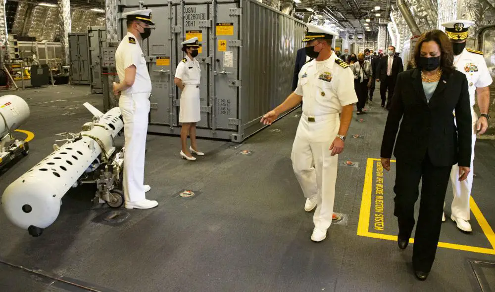  Vice President Kamala Harris visits the Independence-variant littoral combat ship USS Tulsa (LCS 16), Aug. 23, 2021. 