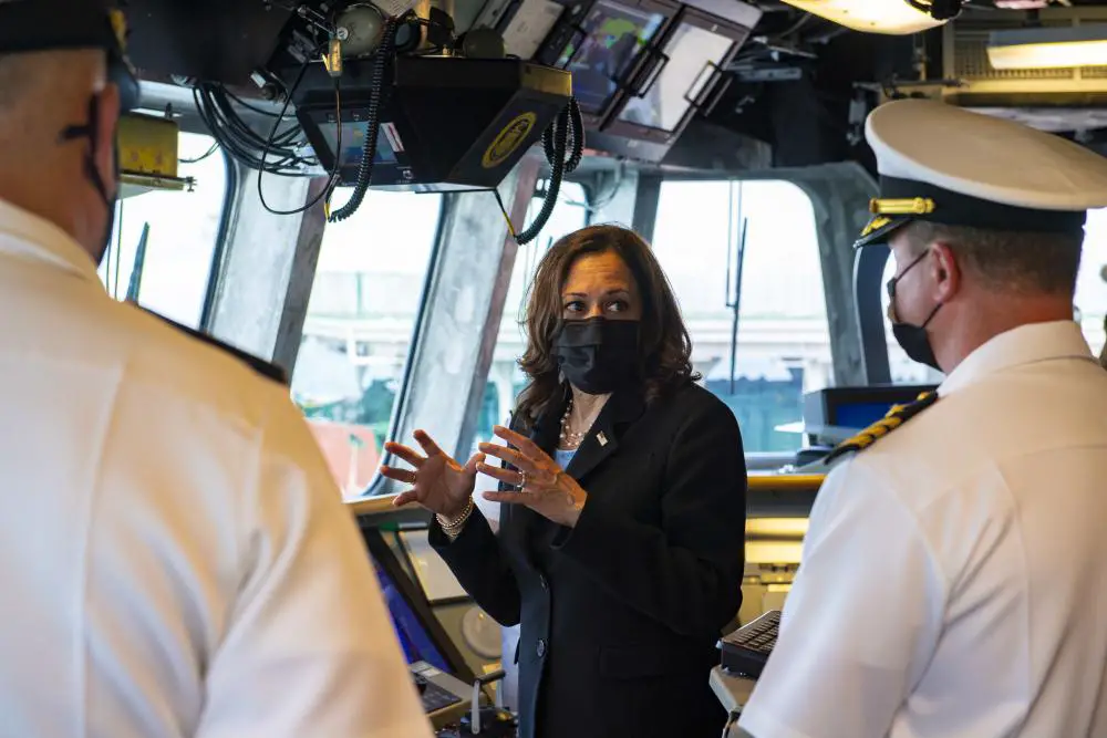 ice President Kamala Harris visits the Independence-variant littoral combat ship USS Tulsa (LCS 16), Aug. 23, 2021. 