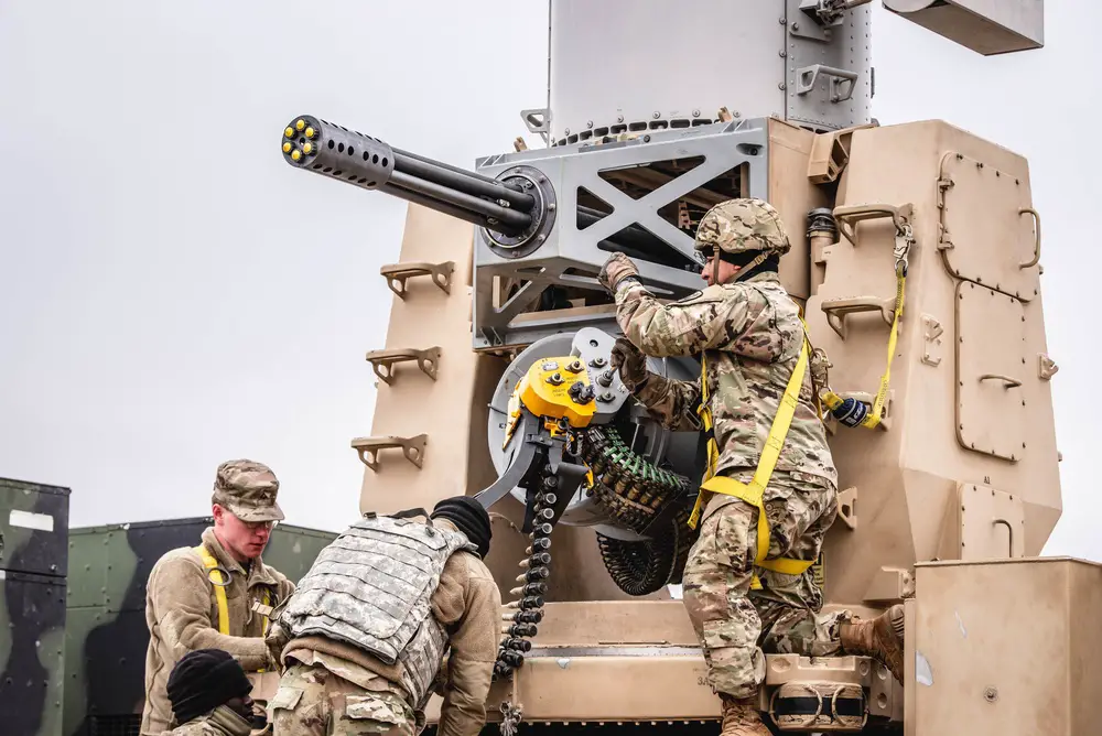 Members of Bravo Battery, 5th Battalion, 5th Air Defense Artillery Regiment, load a counter rocket, artillery, and mortar system Feb. 20 2020, during a platoon-level field training exercise on Fort Sill, Okla. 
